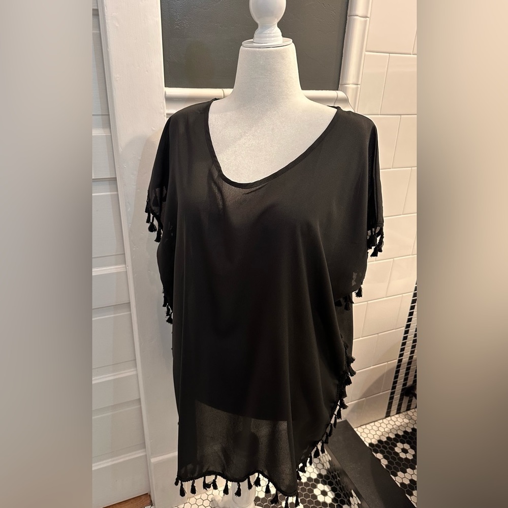 Bathing suit coverup Amazon Essentials sheer black with tassels NWT